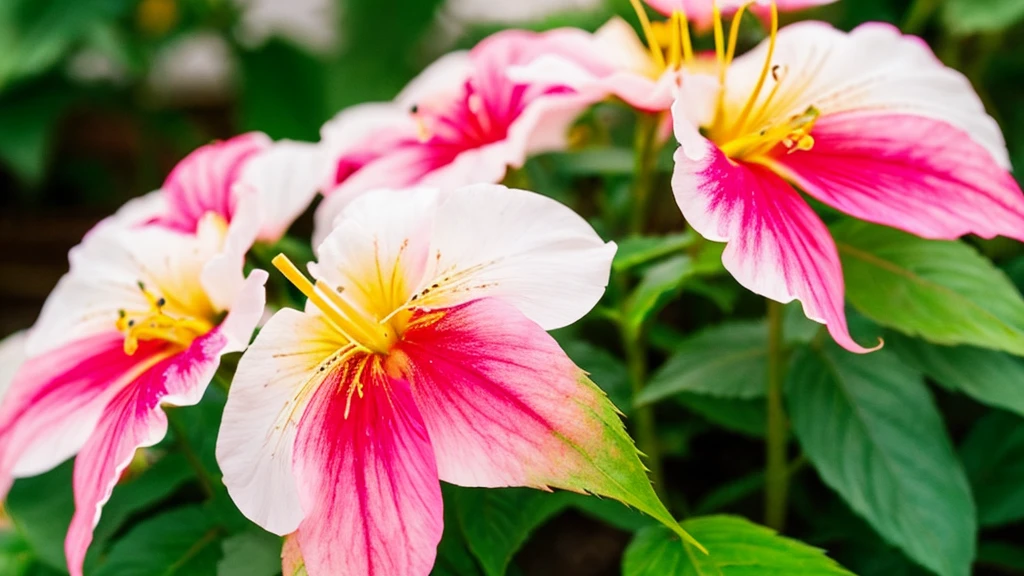 Rainbow Hibiscus featuring multi-colored petals in stunning combinations of red, pink, orange, yellow, and white. These eye-catching flowers have a prominent central stamen, adding an exotic and cheerful touch to any garden or indoor space.