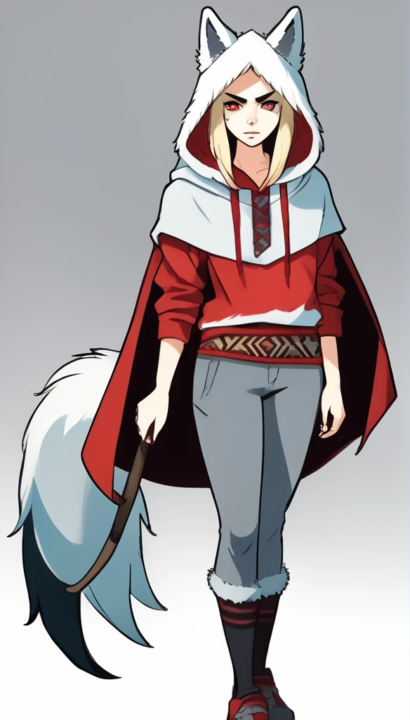 score_9, score_8_up, (clear simple background, white background, papyrus background), ((adult))
(girl:1.2), _young, lagre_breasts , smug face, Serious face expression, whore_makeup, tribal makeup, solo, (blond hair, red hoody with grey fur hood, female), (wearing grey wolf hide, grey colored wolf scalp cap), (fullbody, tattoos, curvey bode, cute face, focus), beautiful,
