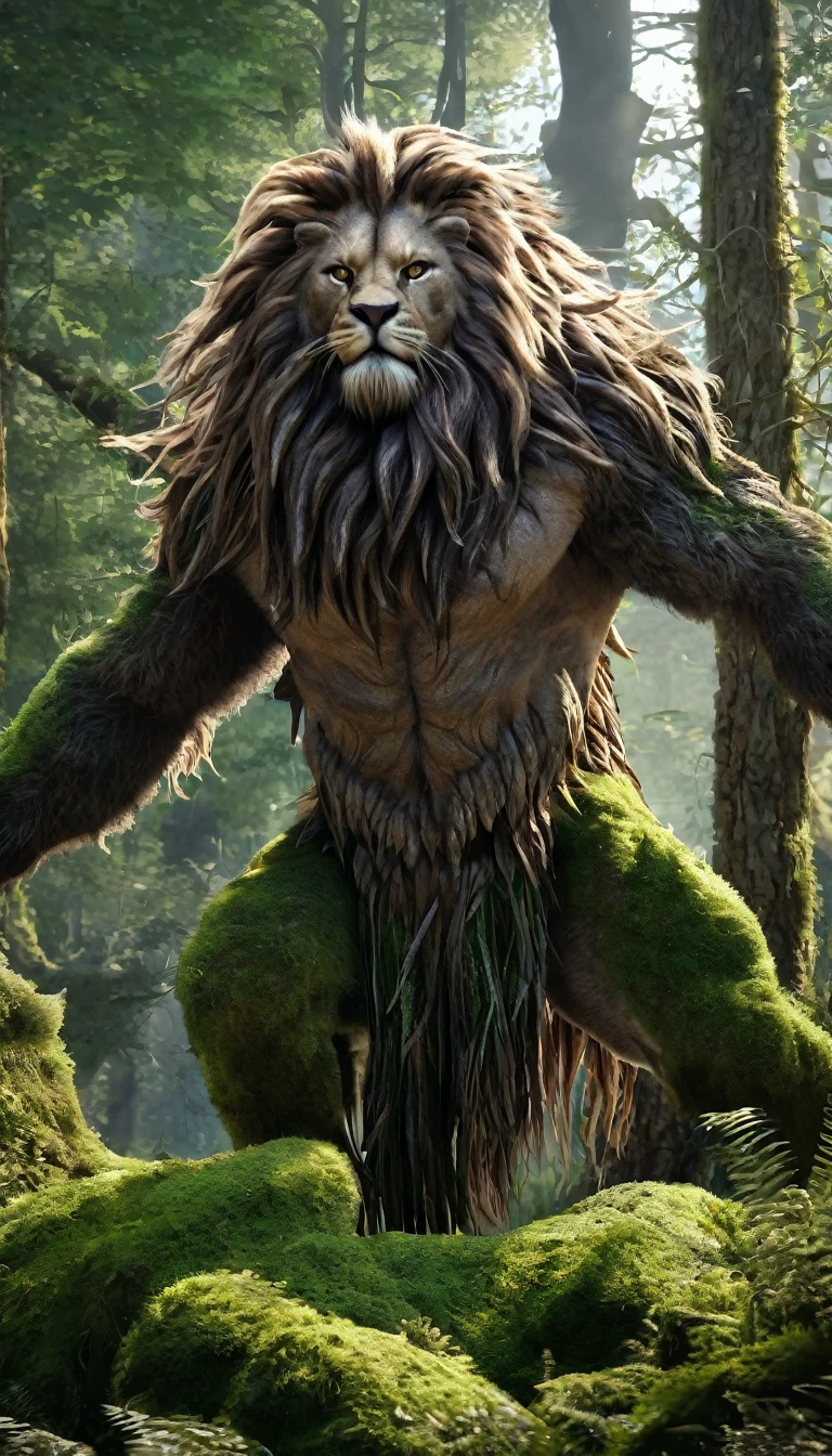 There is a wild man in the forest，The whole body is covered with mane（best quality，4K，8K，High level，masterpiece：1.2），Ultra Detailed，（lifelike，Photo real，Photo real：1.37），highly detailed creature，Complex patterns，Realistic lighting，Fantasy Creatures