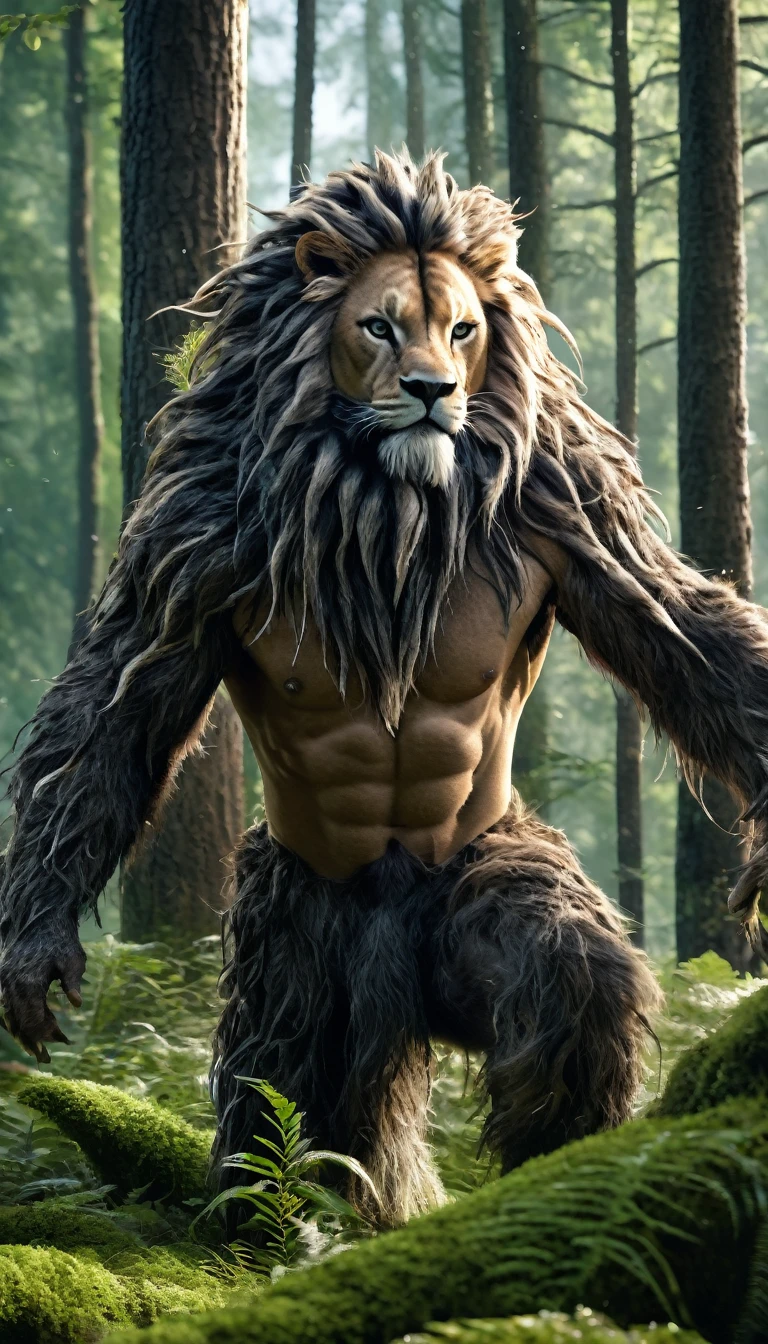 There is a wild man in the forest，The whole body is covered with mane（best quality，4K，8K，High level，masterpiece：1.2），Ultra Detailed，（lifelike，Photo real，Photo real：1.37），highly detailed creature，Complex patterns，Realistic lighting，Fantasy Creatures