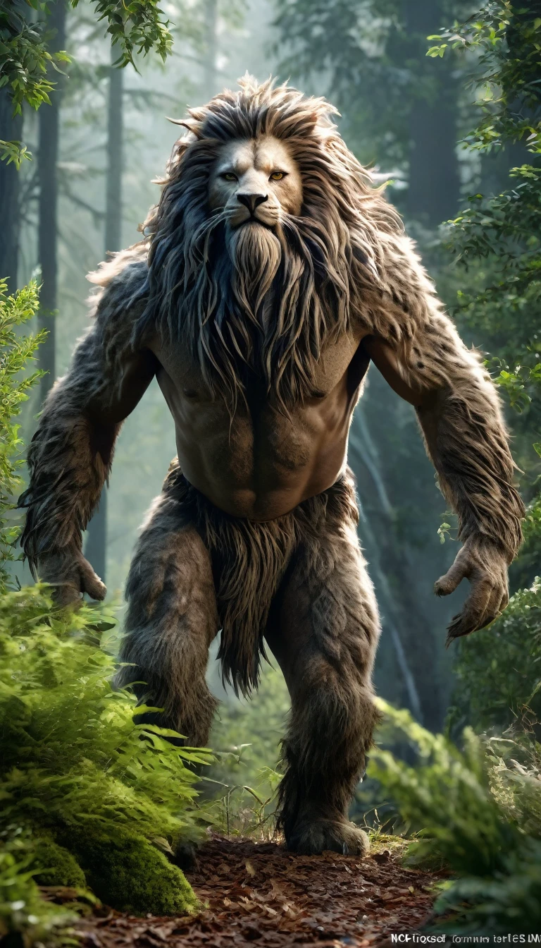 There is a wild man in the forest，The whole body is covered with mane（best quality，4K，8K，High level，masterpiece：1.2），Ultra Detailed，（lifelike，Photo real，Photo real：1.37），highly detailed creature，Complex patterns，Realistic lighting，Fantasy Creatures