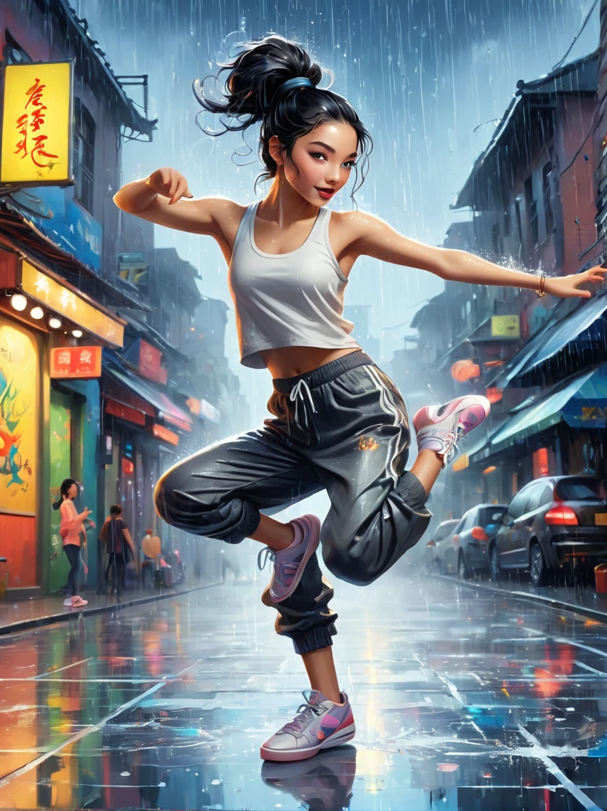 Cartoon illustration,Vector illustration,A girl full of energy,Showing off her breakdancing skills on a graffiti-covered urban dance floor,((beautiful eyes)),((Perfect and refined limbs)),She was barefoot,Loose and comfortable clothes,Perfect for dancing,Her black hair was tied into a high ponytail.,One hand rotation,Spin your feet in the air,(heavy rain:1.5),(The scene is filled with cold rain),The audience was impressed,She performed a complex move with ease.,The energy she captures is palpable,The air is filled with the rhythm of street music,(masterpiece,Best quality:1.2),lifelike,Reality,梦幻般的Light芒,错综复杂的detail,Ultra Detailed,detail,High contrast,美丽细致的Light芒,Bright,更多detail,精细发Light,very fine 8K CG wallpaper,Depth of Field,Abuse of color difference,Soft colors,非常精致的Light线,眩Light,Light,Light粒子,reflection