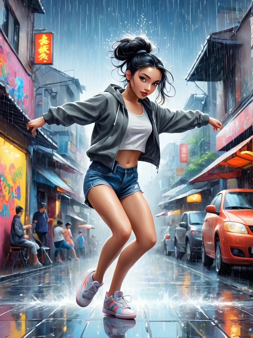 Cartoon illustration,Vector illustration,A girl full of energy,Showing off her breakdancing skills on a graffiti-covered urban dance floor,((beautiful eyes)),((Perfect and refined limbs)),She was barefoot,Loose and comfortable clothes,Perfect for dancing,Her black hair was tied into a high ponytail.,One hand rotation,Spin your feet in the air,(heavy rain:1.5),(The scene is filled with cold rain),The audience was impressed,She performed a complex move with ease.,The energy she captures is palpable,The air is filled with the rhythm of street music,(masterpiece,Best quality:1.2),lifelike,Reality,梦幻般的Light芒,错综复杂的detail,Ultra Detailed,detail,High contrast,美丽细致的Light芒,Bright,更多detail,精细发Light,very fine 8K CG wallpaper,Depth of Field,Abuse of color difference,Soft colors,非常精致的Light线,眩Light,Light,Light粒子,reflection