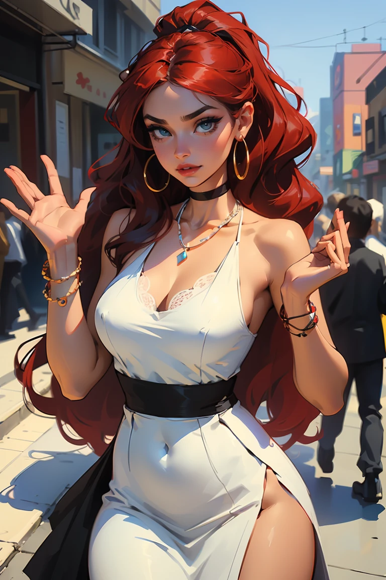 Goddess ((goddess-like woman)), slim, elegant silhouette, masterpiece, (close angle), best quality, cute face, (masterpiece:1,2, best quality), (real picture, intricate details), ( 1 lady, solo, medium tits, narrow waist, (long hair), a woman with long hair, red hair, long wavy red hair, high ponytail, turquoise eyes, she has an impressive presence., bracelet, hoop earrings, jewelry, beautiful face, beautiful eyes, she looks the Looking at viewer, she is wearing earrings, necklace, many different bracelets, black lingerie, White elegant sleeveless lace V-neck cami top, Hip-high black long skirt with a slit on the side, high-heeled ankle boots sweet irresistible smile, elegant pose, elegant hands, beautiful hands, perfect fingers, background: her stands in a big city, a busy city, a club, outside, blue sky, upper body view,