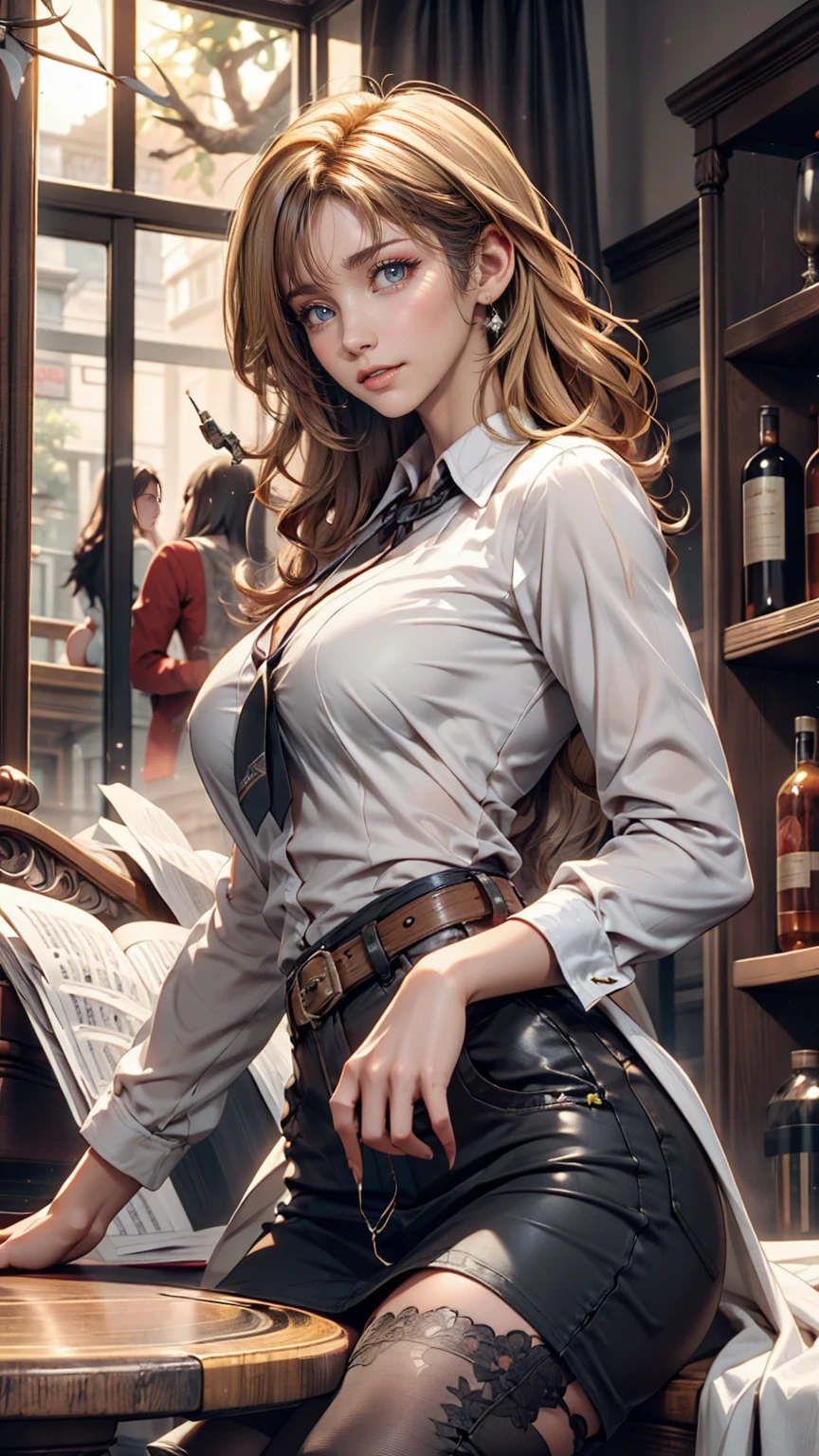Short-haired female cowboy in a western saloon,blonde,Sitting,Smoking Pipes,table Wisky,piano,6-shot revolver,Barrel,table,Trump,Dust,artwork,3d,4K,detailed,Realistic、24 year old Caucasian female、Sexy proportions、Narrow waist