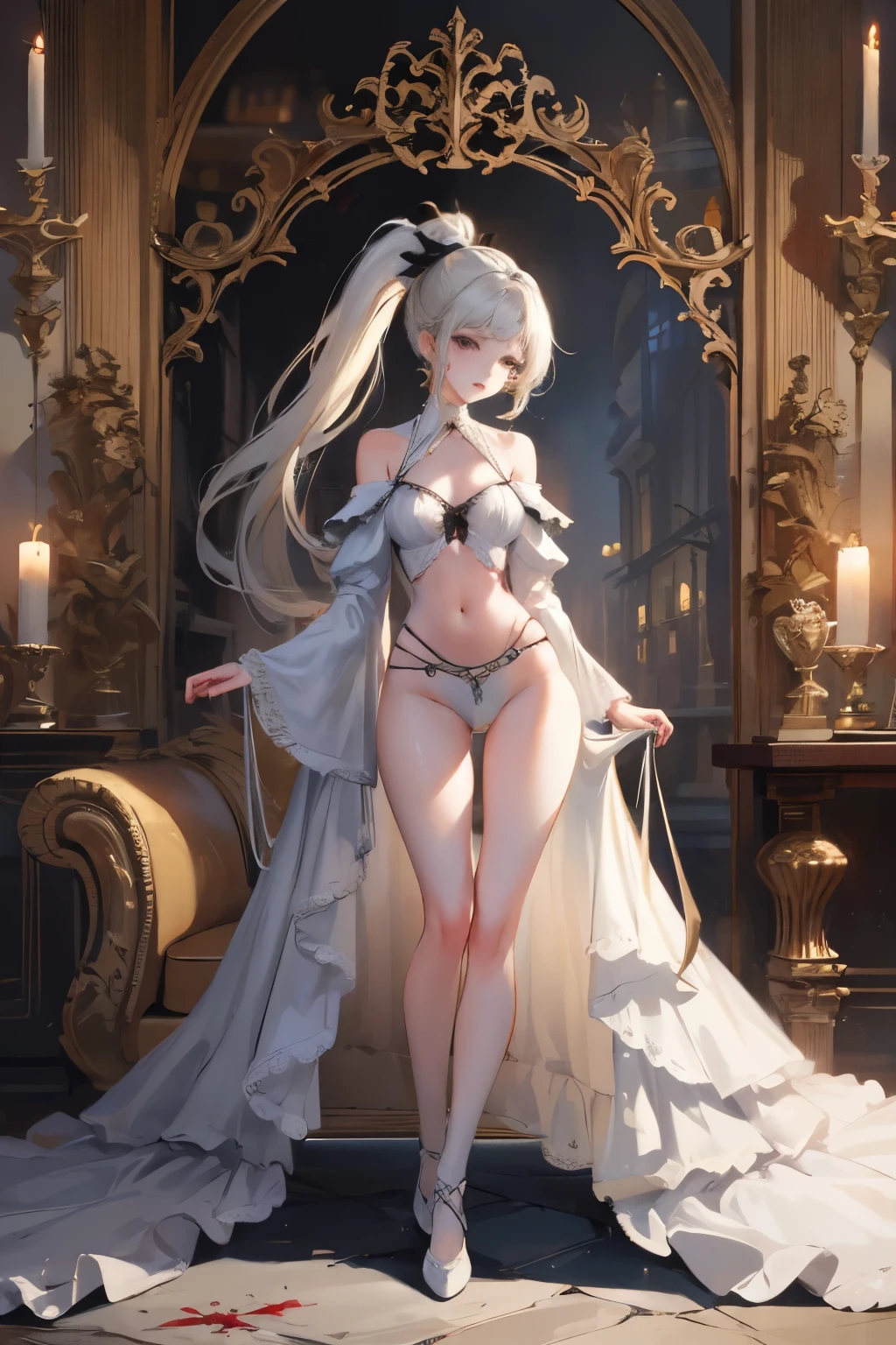 ((best quality)), ((masterpiece)), (detailed), NSFW, small breasts, prominent collarbones, skinny arms, flat stomach, visible hip bones, long hair, red hair, white hair, blonde hair, dark hair, ponytail, thick ponytail, heavy ponytail, red and white clothing, Bloodborne inspired, occult aesthetic, occult, detailed and intricate steampunk and detailed gothic, NSFW Fluttering lace frilly petticoats, pleated petticoats