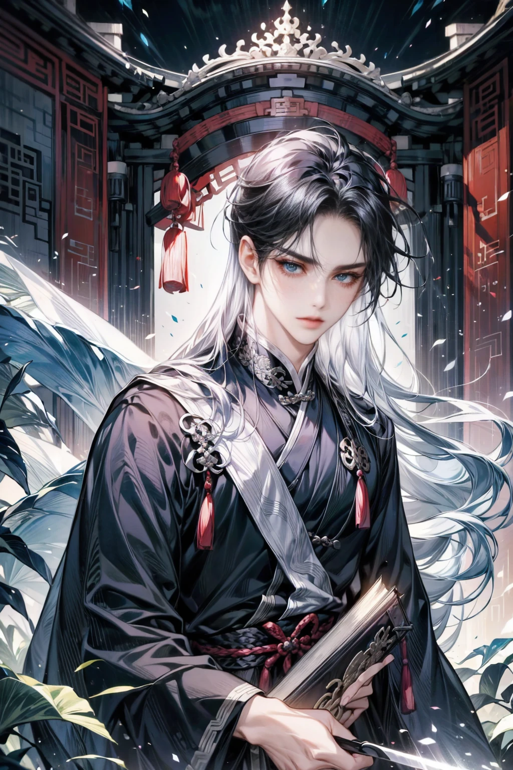 1 boy holds a book in his hand, long black hair,black dress,alone,(nighttime:1.2)long white hair, blue eyes,Chinese folk tales,Swordsman,