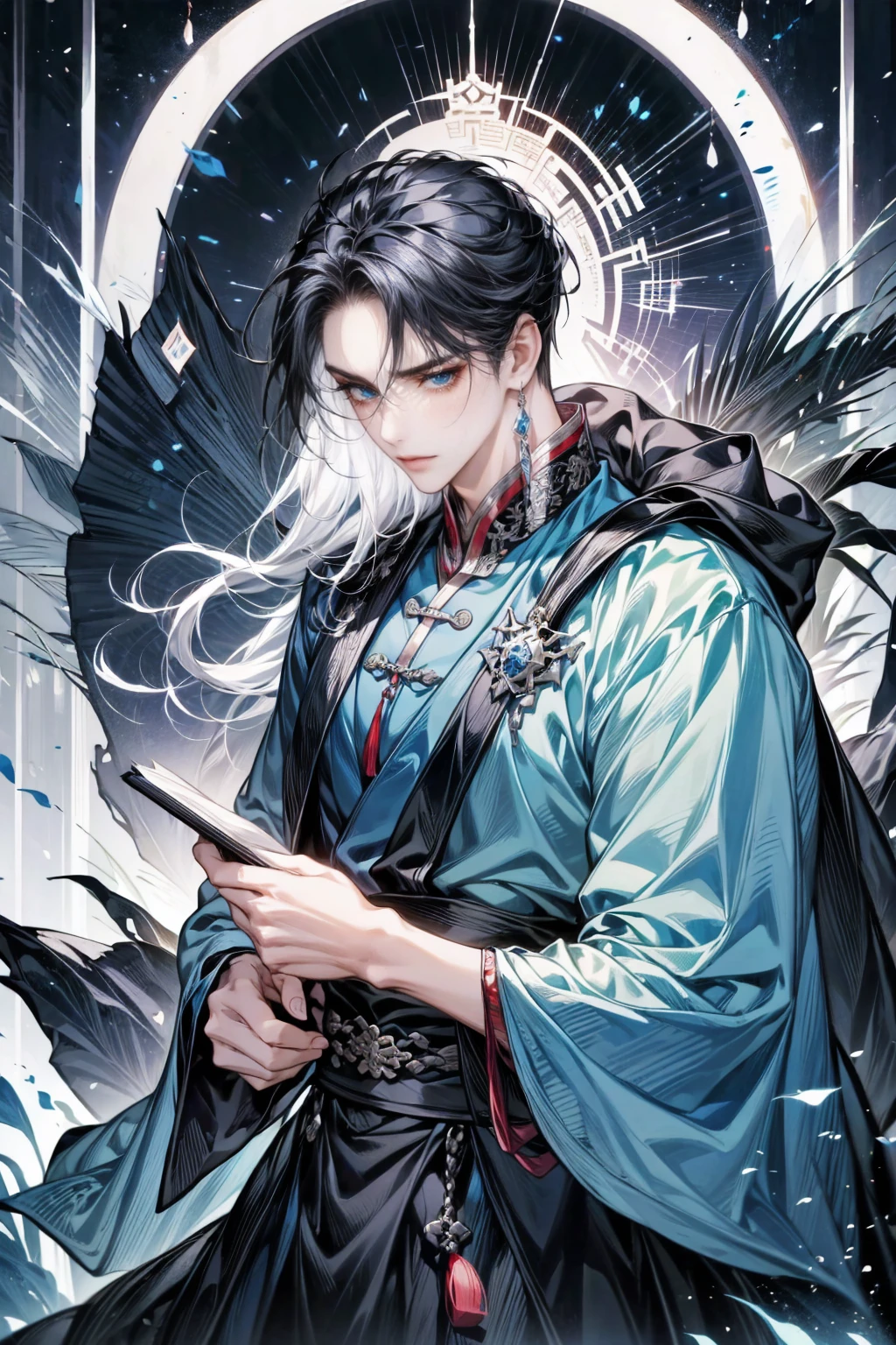 1 boy holds a book in his hand, long black hair,black dress,alone,(nighttime:1.2)long white hair, blue eyes,Chinese folk tales,Swordsman,