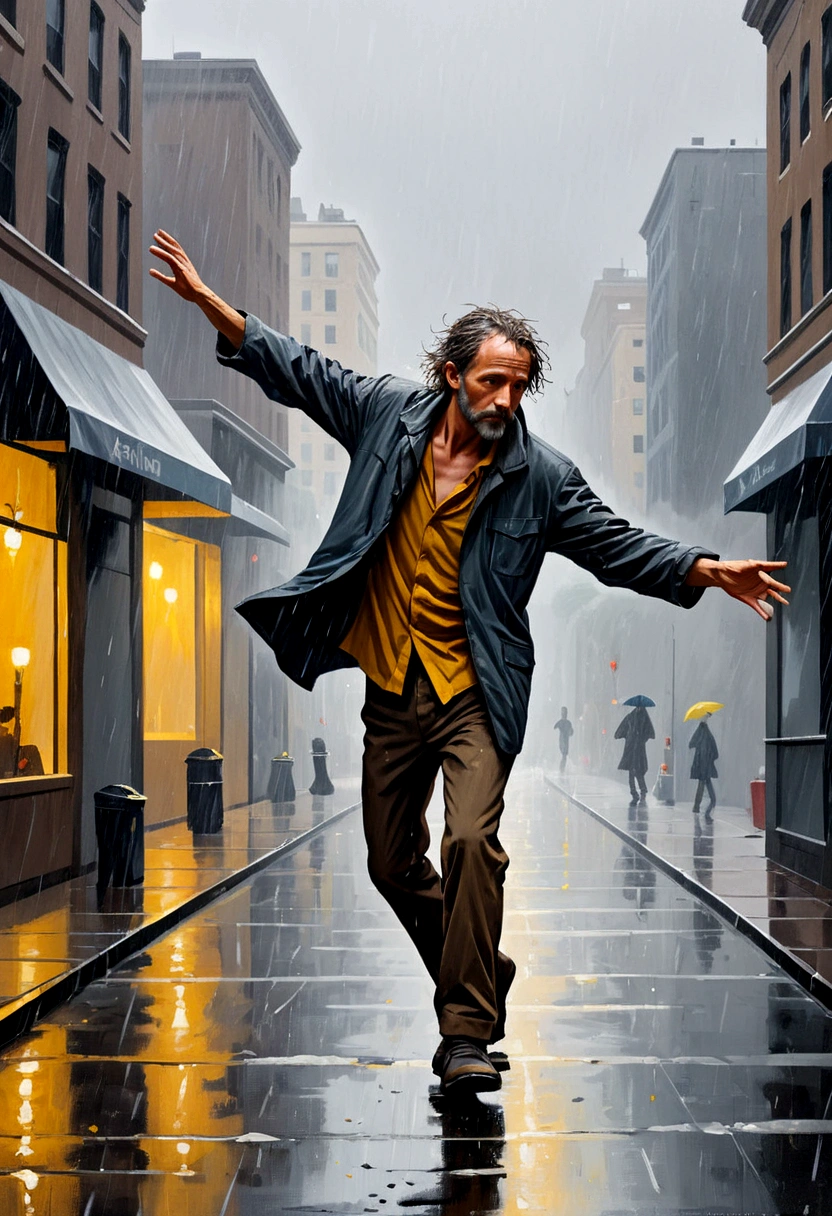 Soul Dancer Mark,A homeless man dancing alone in the rain，Particle oil painting，Minimalism，artistic conception，