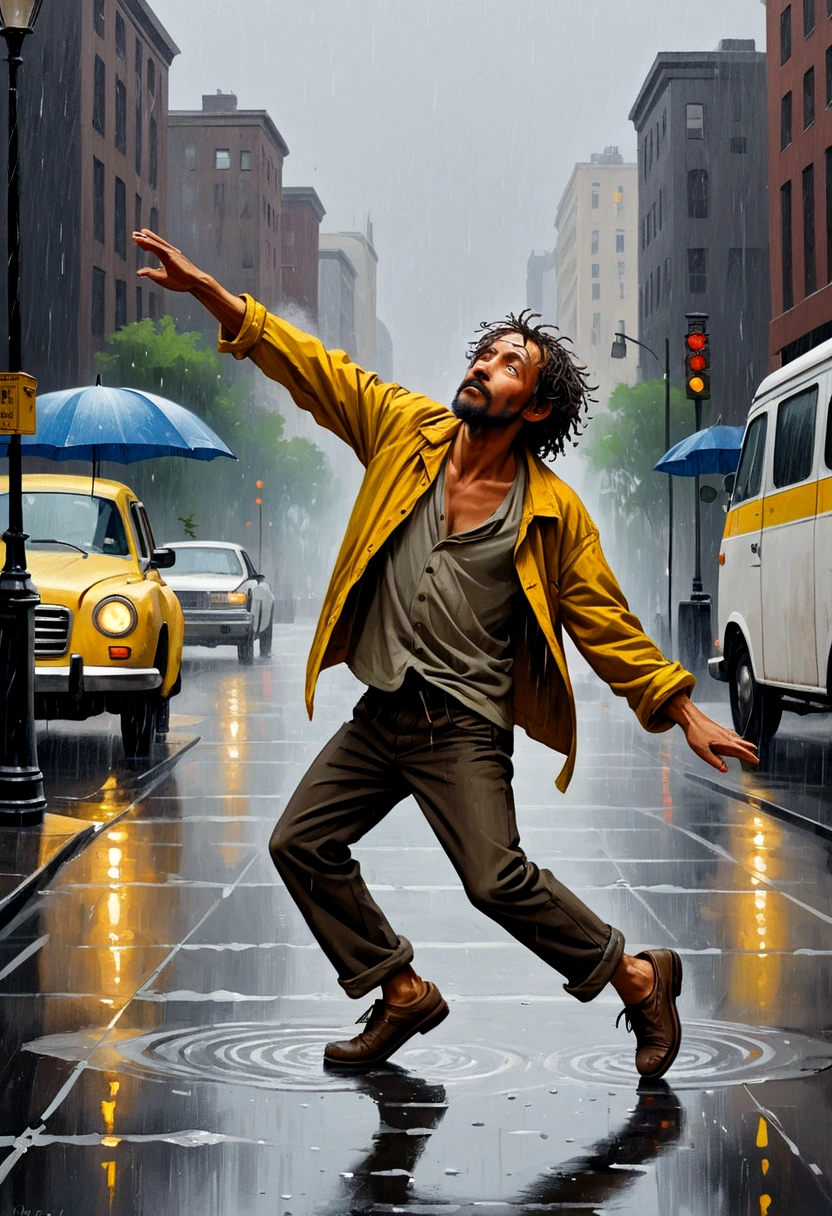 Soul Dancer Mark,A homeless man dancing alone in the rain，Particle oil painting，Minimalism，artistic conception，