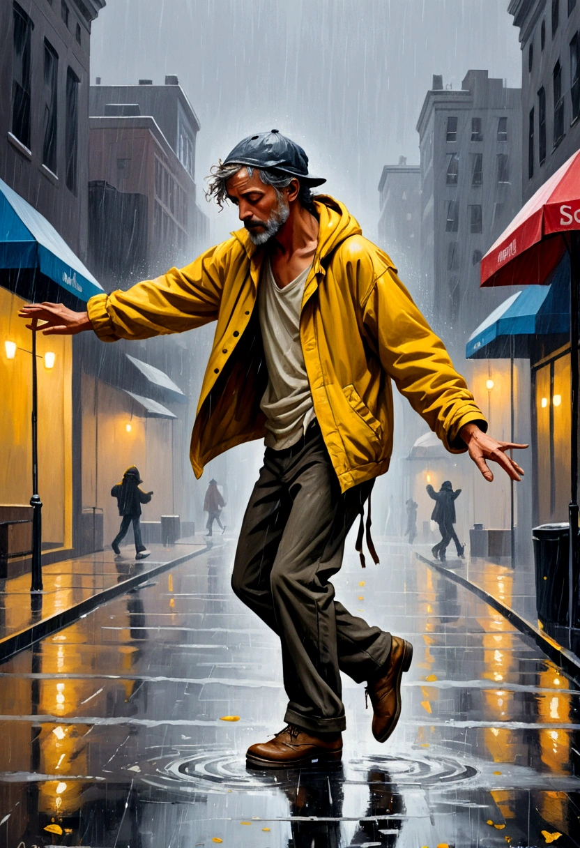 Soul Dancer Mark,A homeless man dancing alone in the rain,Particle oil painting,Minimalism,artistic conception,