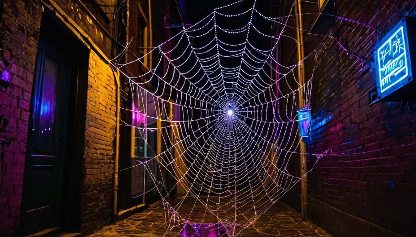 A spider web stretched across a dark alleyway, illuminated by the neon lights of the city.