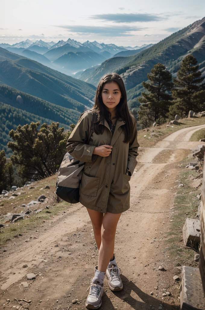 Young girl is in the mountains