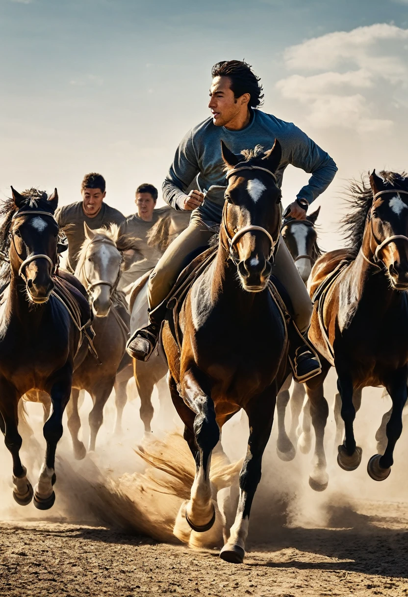 Create an image of a man running alongside horses