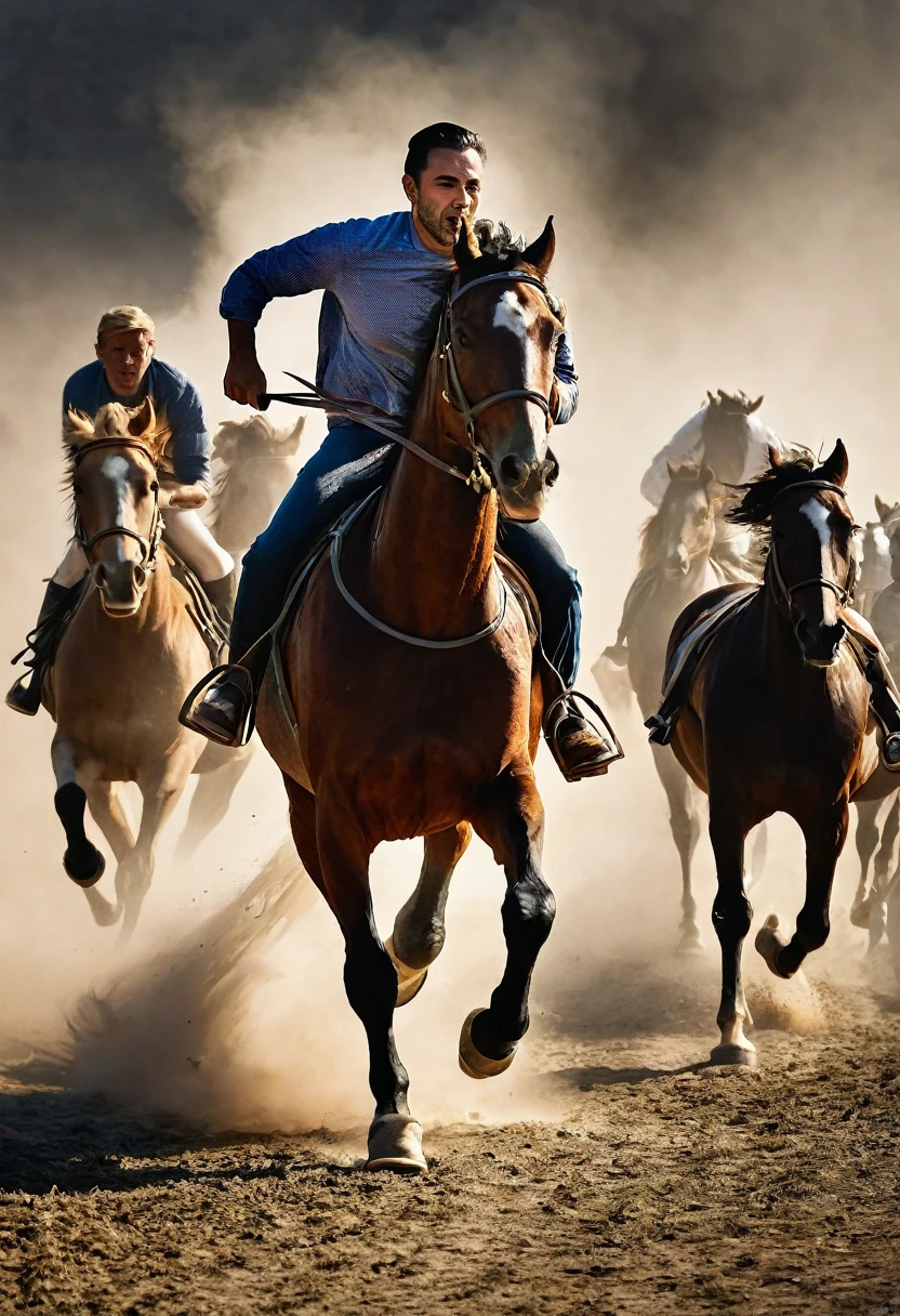 Create an image of a man running alongside horses