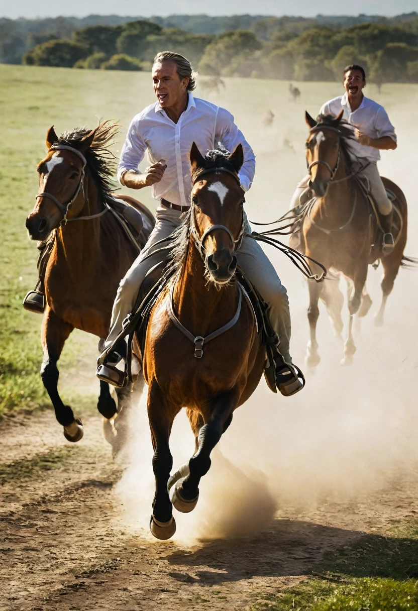 Create an image of a man running alongside horses