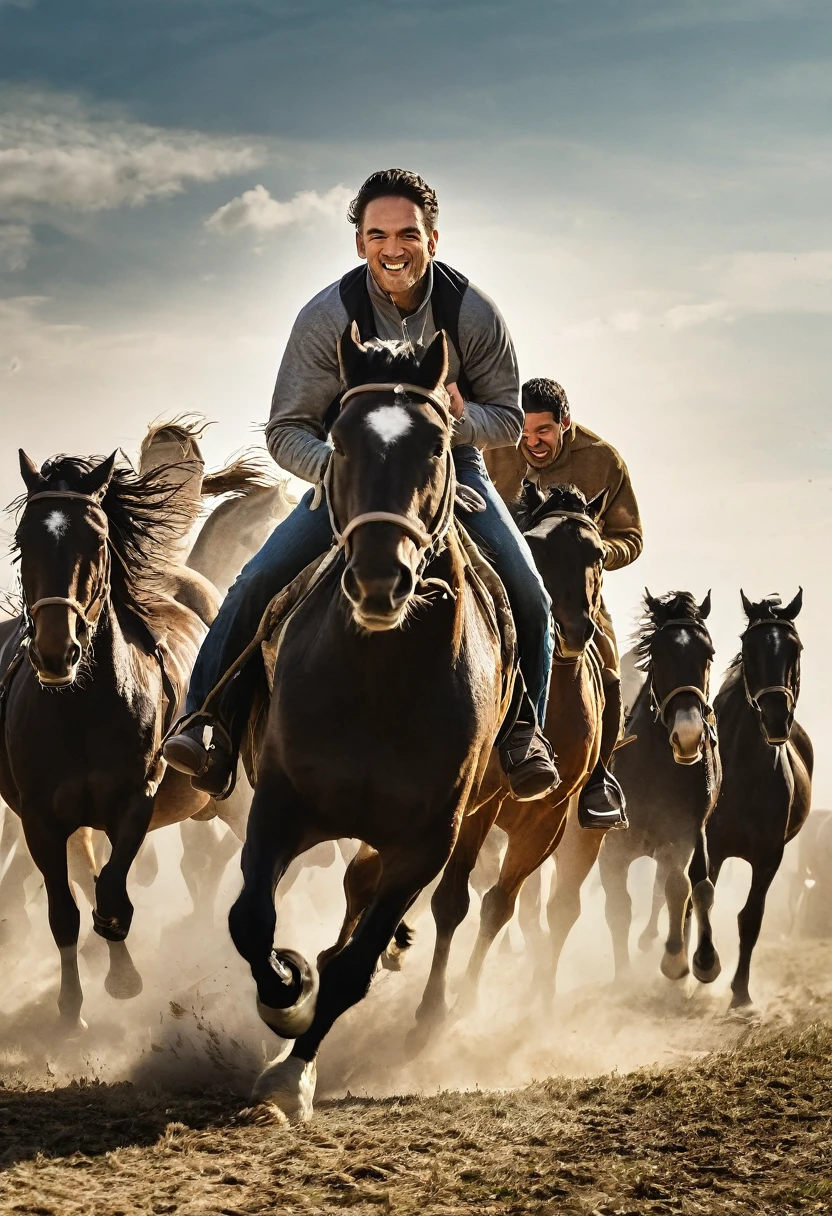 Create an image of a man running alongside horses