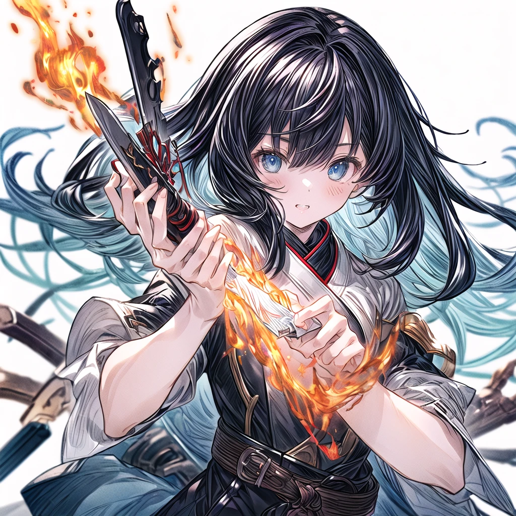 One girl、Dynamic configuration、[17277fbe68],threatened hideo、high quality、Maximum details、(((最high quality、最高masterpiece、Official Art、最高のDynamic configuration)))、(Thin Hair)、(Tabletop, 最high quality), Very detailed, Anime Style, Concept Art、whole body, (masterpiece), 最high quality, Fantasy art,whole body、masterpiece、最high quality、(colorful)、（Beautifully detailed eyes and face）、Cinema Lighting、Extremely detailed CG、Super huge、whole body、wallpaper、Uniforms with weapons in Wonderland, (((Everybody wears black and red ))), sheath, knife, 美しい彫刻がほどこされた日本knife, knife, 黒いknife,weapons,Barren Land、White Background、inflammation、inflammationにつつまれたknife、inflammationと氷を操る少女、