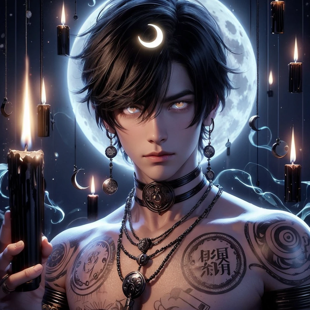 Handsome boy, black hair, bright white eyes, crescent moon on his head, holding black candle, full moon background