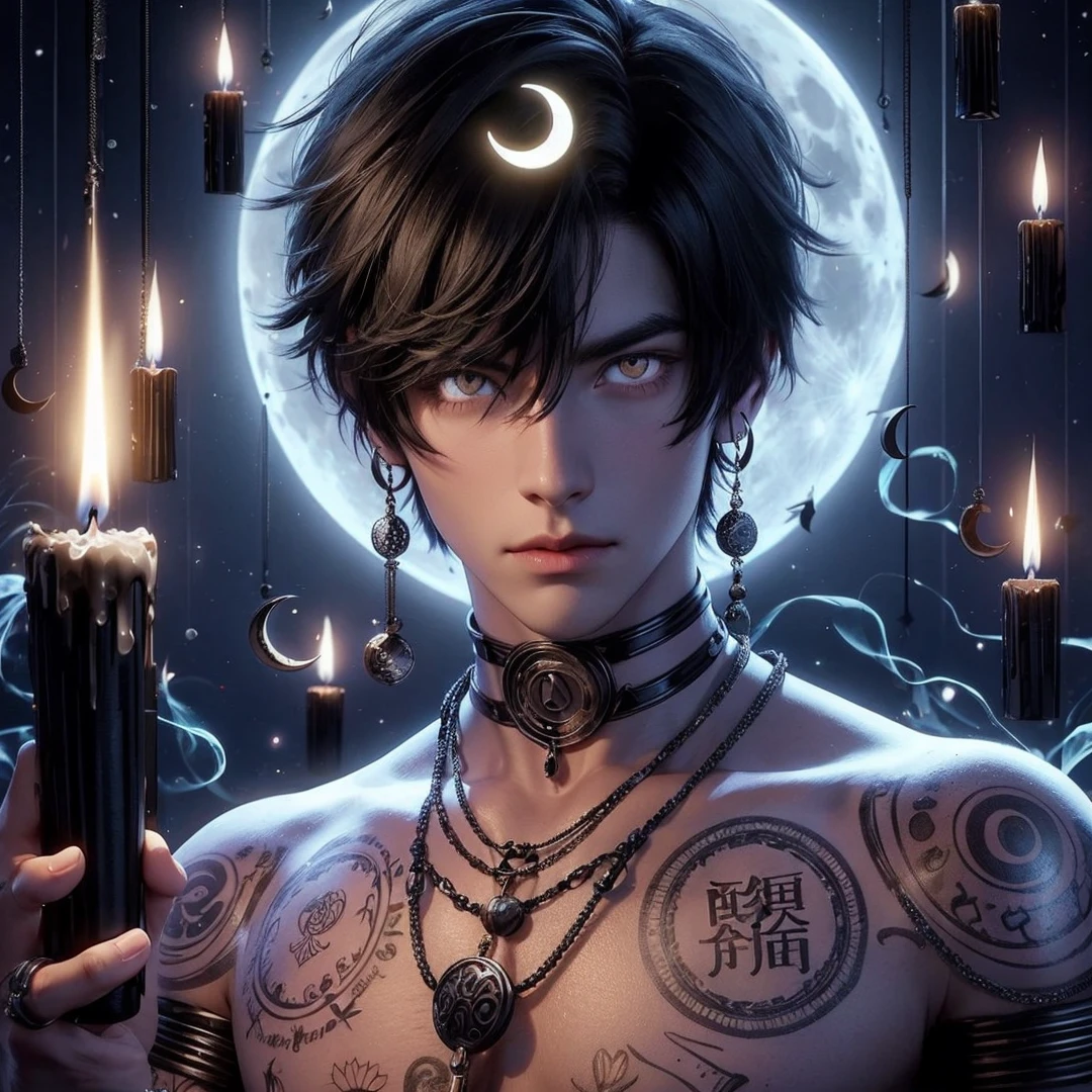 Handsome boy, black hair, bright white eyes, crescent moon on his head, holding black candle, full moon background