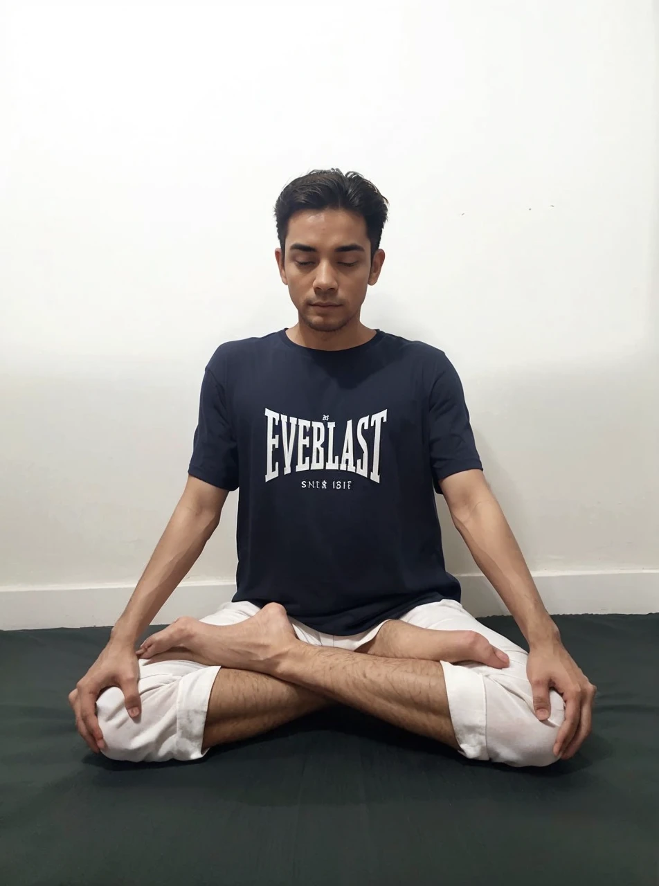 Man doing yoga posture, exact same pose as image, different haircut, clear background, stocky body, detail and intricate fingers, long and gentle nails bed, sketch and painting, wears suitable clothes for yoga