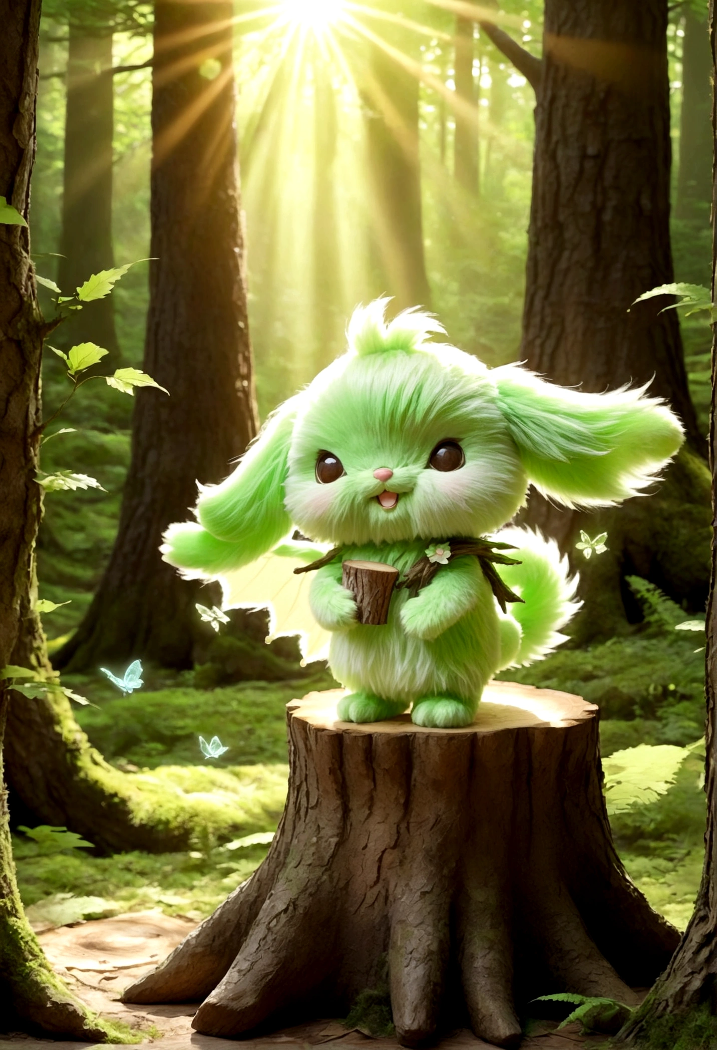 Highest quality, masterpiece, Ultra-high resolution, whole, Fluffy fur, tail, Short limbs , Detailed hands, Detailed feet, Detailed fingers, Fairy, Anime Style, The hair tips are light green, On the shoulders of an adult, Sunlight filtering through the trees, Fantasy, in the forest, on the stump, Are standing, looking at the camera, Hairy, small耳, Mascot character, animal, small, Detailed full body