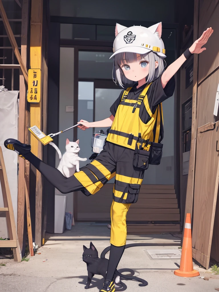 Anthropomorphic black and white cat、Gray work clothes、Yellow construction helmet、Scene cat pose、Standing on one leg、Point and confirm、Construction site、All right!!、