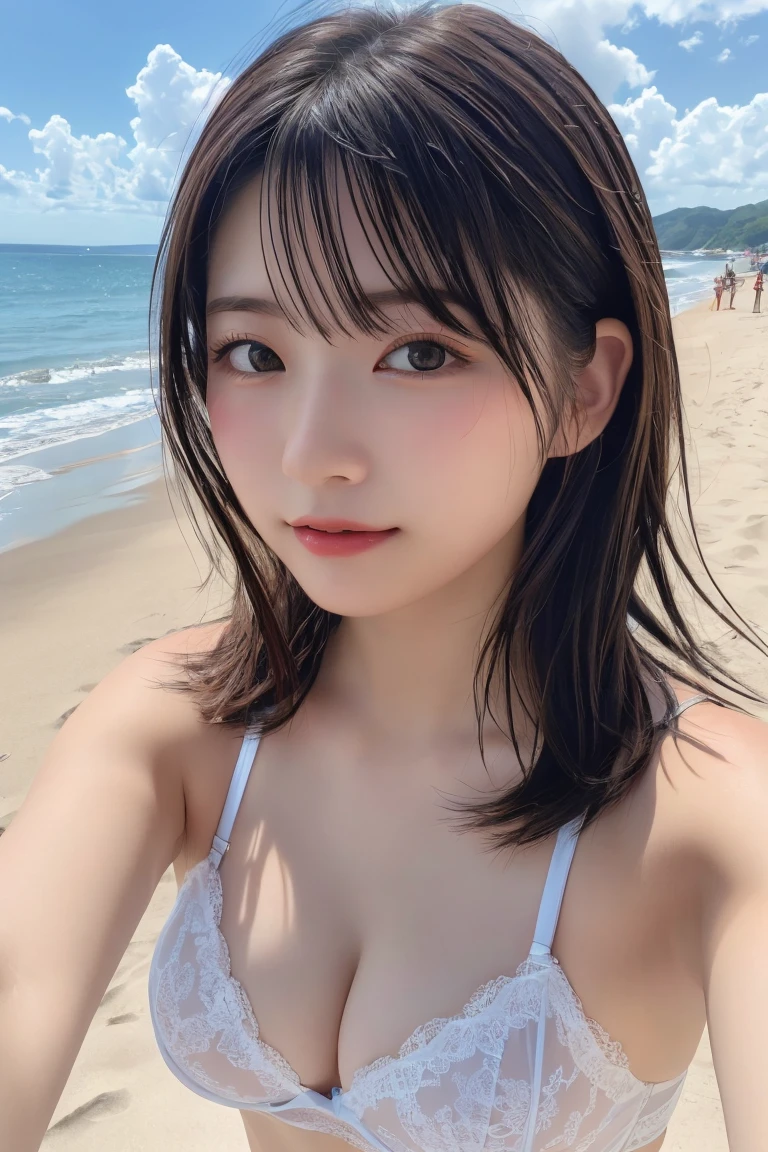 Highest quality, (beautiful)、lingerie、Close-up、Larger breasts、Brown Hair、looking at the camera、Selfie、Beach、Embarrassed