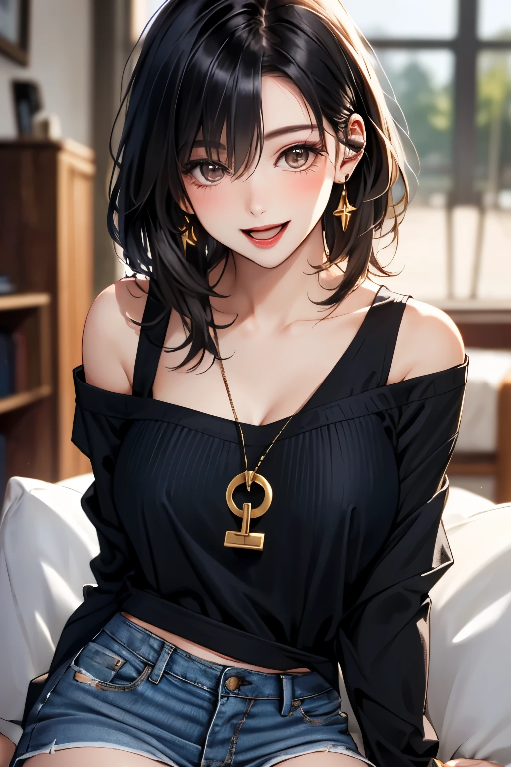 (masterpiece:1.2, top-quality, ultra high res, ultra detailed), (realistic, photorealistic:1.4), beautiful illustration, (perfect lighting, natural side lighting, movie lighting), 
looking at viewer, 1 girl, japanese, high school girl, perfect face, (perfect anatomy), cute and symmetrical face, shiny skin, slender, 
(short hair:1.5, pixie cut:1.4, blond hair), bangs pinned back, gold eyes, long eye lasher, (large breasts:0.6, thick thighs), 
beautiful hair, beautiful face, beautiful detailed eyes, beautiful clavicle, beautiful body, beautiful chest, beautiful thigh, beautiful legs, 
(((long sleeve black string chilled off shoulder t-shirt), black tank top, denim mini skirt)), 
(beautiful scenery), depth of field, night, (living room), yokozuwari, (wink, lovely smile, open mouth),