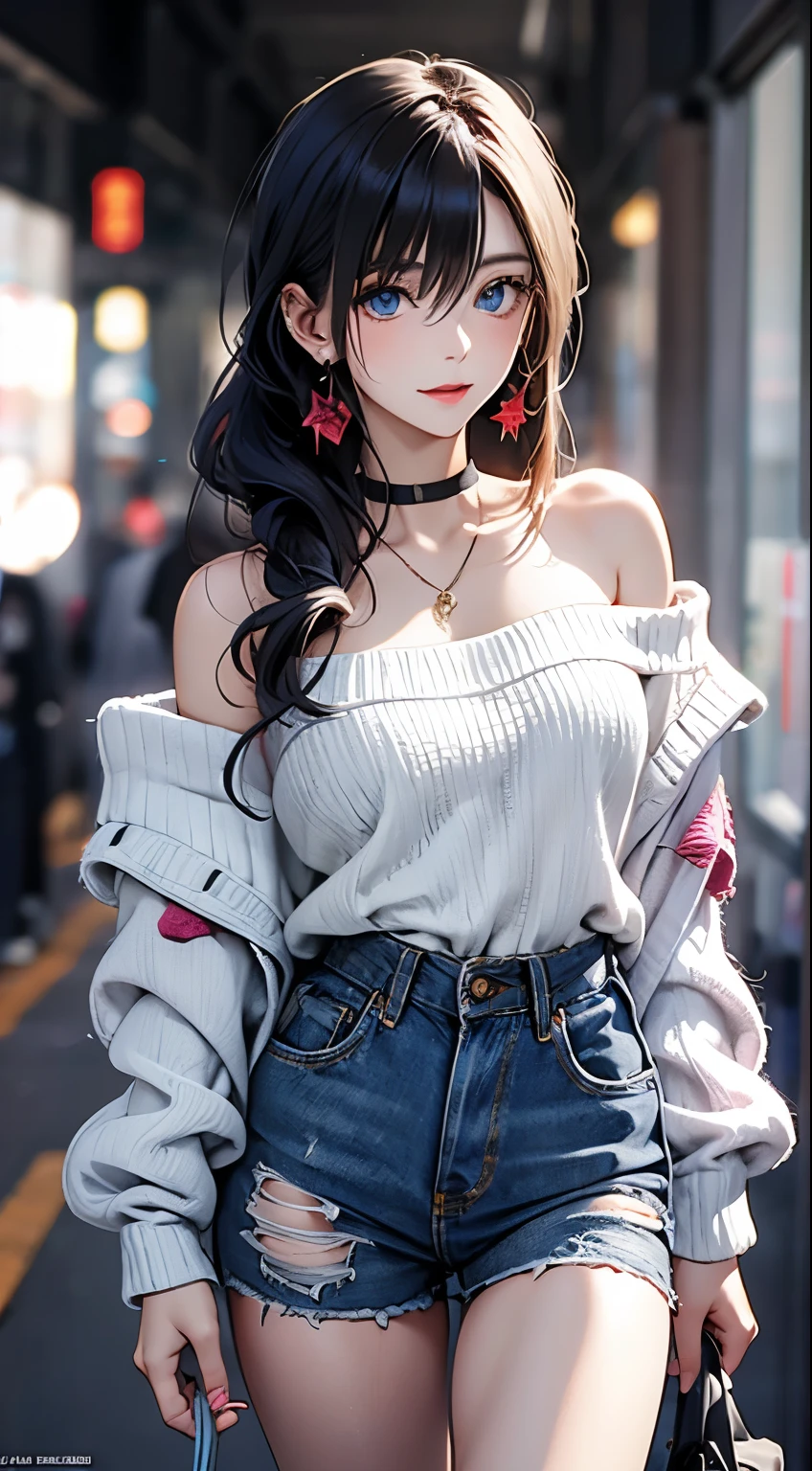 top-quality、Top image quality、masterpiece、girl with((18year old、Off-shoulder knit sweater:1.6、Denim shorts、Bust 90、a blond、disheveled ponytail、Blue eyes、open chest wide、Happiness、Black wristband on wrist、Ear-piercing))、((perspired:1.1))A slender、hiquality、(Piece It Piece)、visualart、Background with((Fashion magazine style))、masutepiece