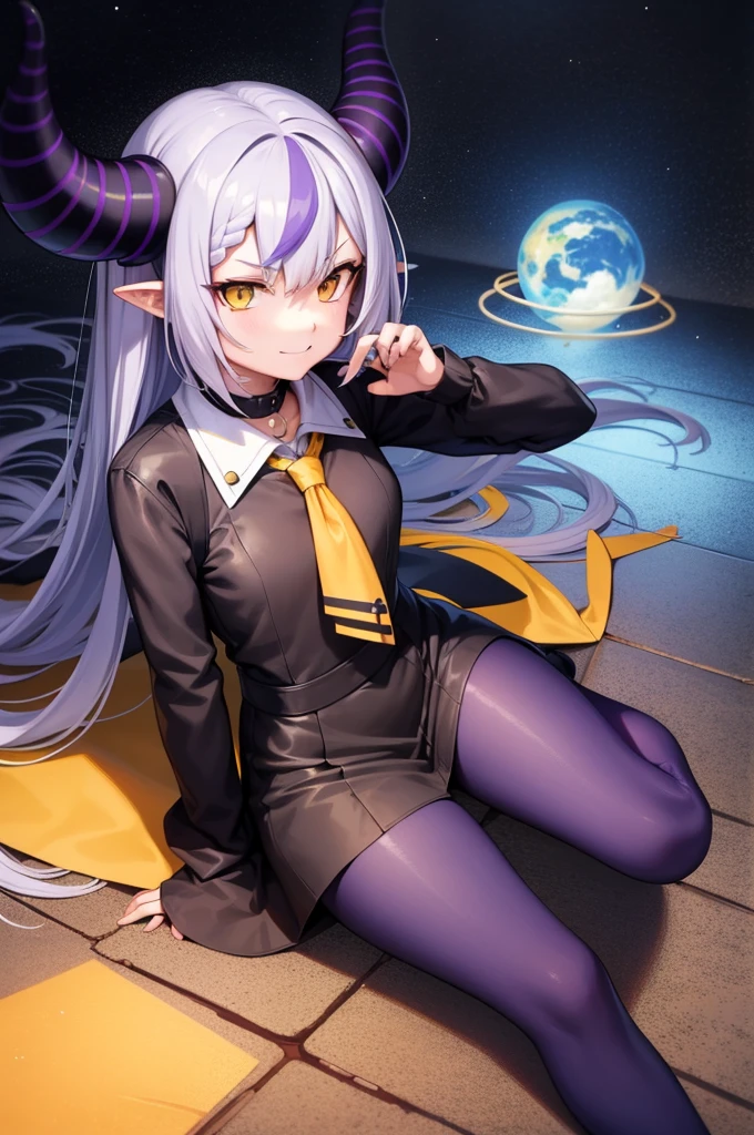 sleeves past wrists, sleeves past fingers, braid, Long sleeves, single leg pantyhose, yellow ascot, ascot, Black footwear, Dress, Metal collar, long boots, Black Dress, Collar, pantyhose, single thighhigh,Evil smile,sitting on the ground and looking at the planet, Cyberspace, inspired by Josan Gonzalez, Makoto Shinkai ( Apex Legends ), Akira Art Style, Ross Tran Stil, Akira-Vibes, Akira Art Style, floating next to planets, josan gonzales, Sci-Fi Art!!!!!!!, josan gonzales!!!, in space, Moderner Sci-Fi-Anime