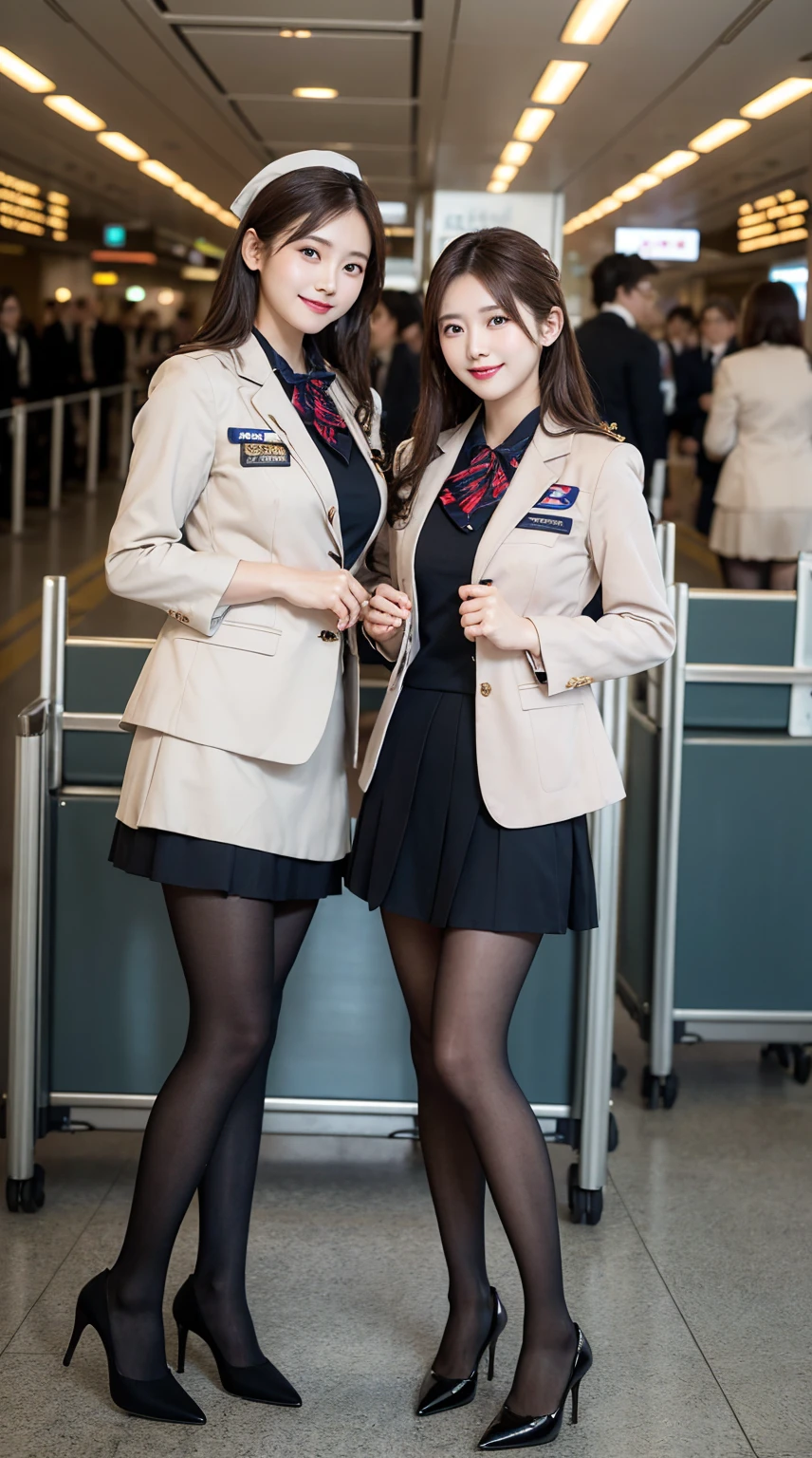 ​highest quality、table top、8k、best image quality、Award-winning work), two beautiful women、(2 women:1.6), radiant beautiful skin , masterpiece、top-quality、The ultra -The high-definition、depth of fields、lens flare , 2 girls、、brown hair, watching at viewers glares, large breasts , stewardess uniform, ( stewardess blazer:1.3),  shirt, short  skirt, (black high heels), perfect legs, model pose, view from below, smiling , airport arrival, pantyhose 
