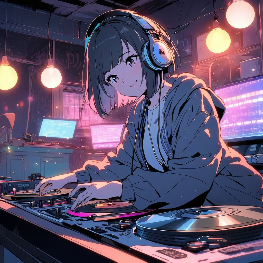 Japanese woman, bob haircut, DJing, headphones, turntable, room, alone, cozy, lights, music, energetic, focused, modern, stylish, casual outfit