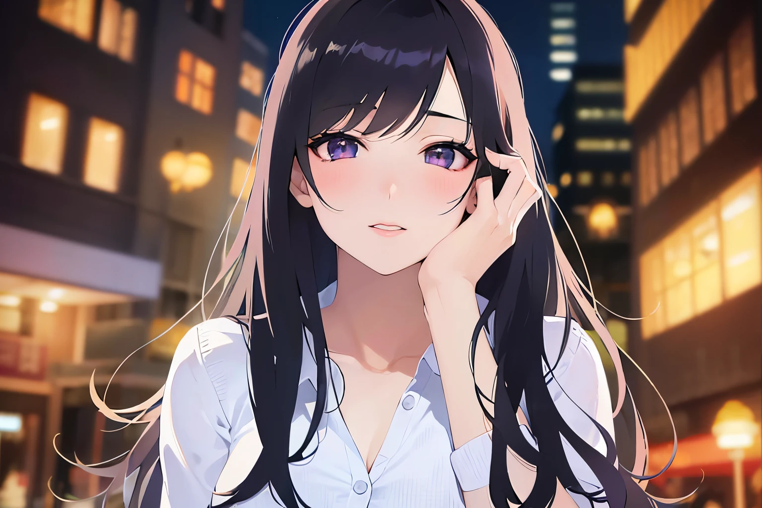 open clothes, looking up, hand on own face、Biologically correct five fingers、Realistic, real person, (pale skin: 1.2), RAW photo, photorealistic, shiny skin, shiny hair、(A 25-year-old woman with straight hair and bangs) and (medium hair) and (black hair) and (purple eyes) , white collared shirt, cleavage, (blush:1.5), The background is a shopping street at night、Alone