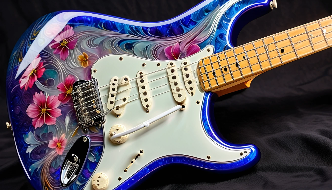 Shiny burst shred intricate detail smooth transparent sapphire fender Stratocaster close-up, Wrapped in vibrant translucent floral swirls, chromium, 8K, Specular Highlights,