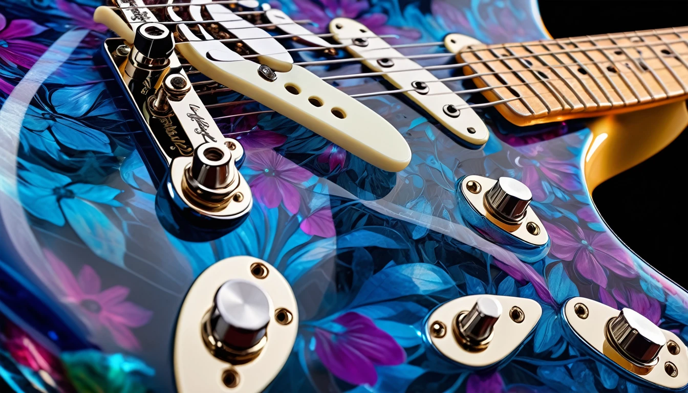 Shiny burst shred intricate detail smooth transparent sapphire fender Stratocaster close-up, Wrapped in vibrant translucent floral swirls, chromium, 8K, Specular Highlights,