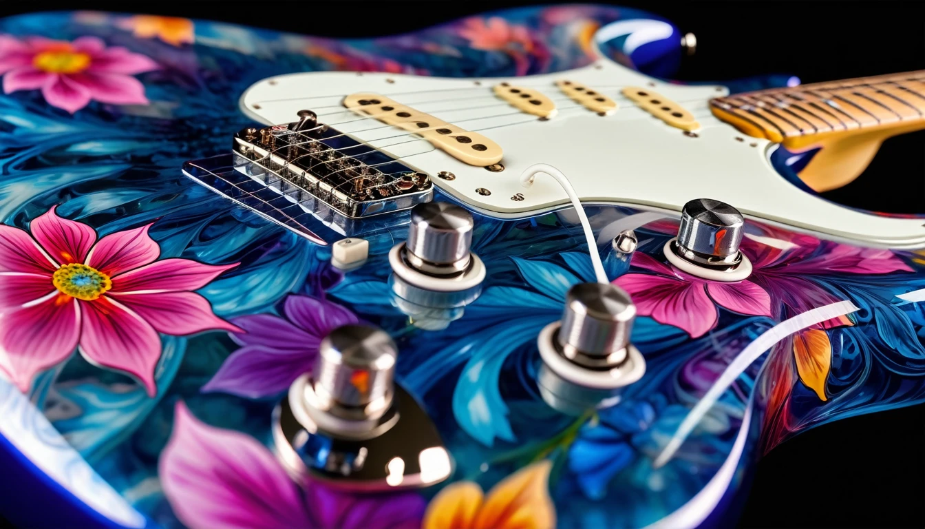 Shiny burst shred intricate detail smooth transparent sapphire　fender　Stratocaster close-up, Wrapped in vibrant translucent floral swirls, chromium, 8K, Specular Highlights,