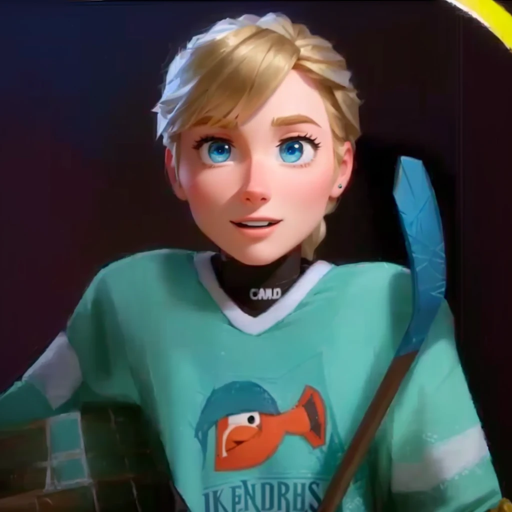 a close-up of a cartoon character holding a hockey stick, frozen klaus film, frozen ii klaus film, Elsa, anato finstark. pixar, Casey Cooke, animated film, sid, Dylan Kowalski, as a pixar character, Connor Hibbs, 🌻🎹🎼, animated film still, animated film, depicted as a pixar character, ideal pixar character, frozen