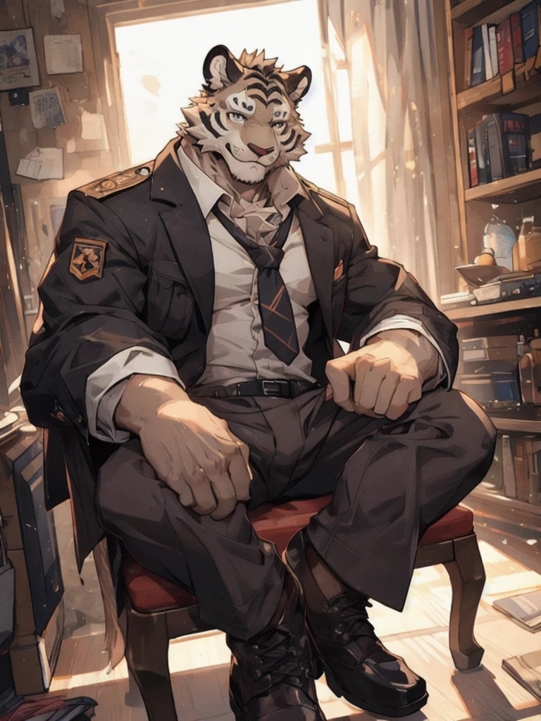 {{bara extremely handsome white tiger,}} {{white fur,}} white, wearing military like purple trench coat, purple trousers, white dress shirt and necktie, white fluffy furry body and limbs, loafers, very tall, very broad shoulders, narrow waist, muscular arms, massive pecs, purple eyes, very long legs, sitting on swivel chair with legs spread, from below perspective, massive bulge, sophisticated hot look, sexy pose, full body, sunlight casting over, 3/4 view, best quality, high quality, silver earring on left ear, sultry smirk
