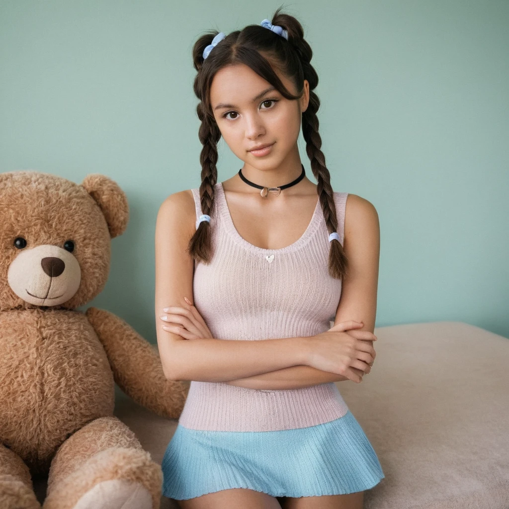 (Skin Texture, pores, natural,RAW)), natural lighting, Highest Quality photo of a young woman, brown eyes, pigtails, looking at viewer, collar, knitted tank top, skirt, pastels, teddy bear