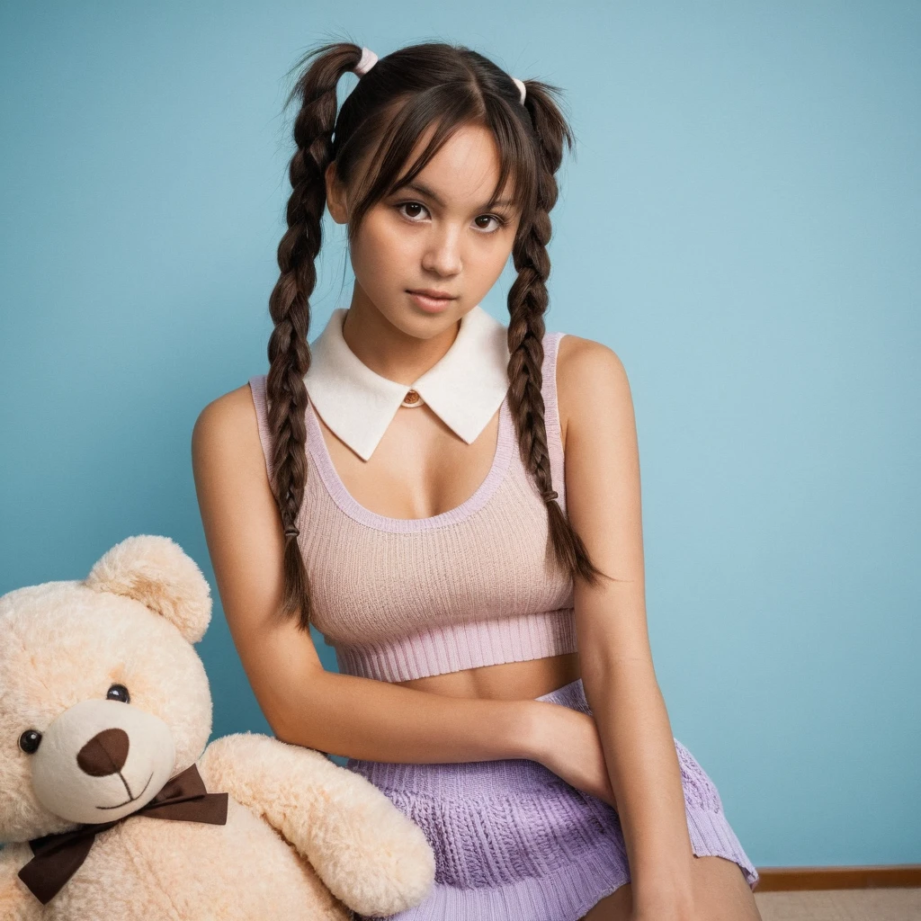 (Skin Texture, pores, natural,RAW)), natural lighting, Highest Quality photo of a young woman, brown eyes, pigtails, looking at viewer, collar, knitted tank top, skirt, pastels, teddy bear