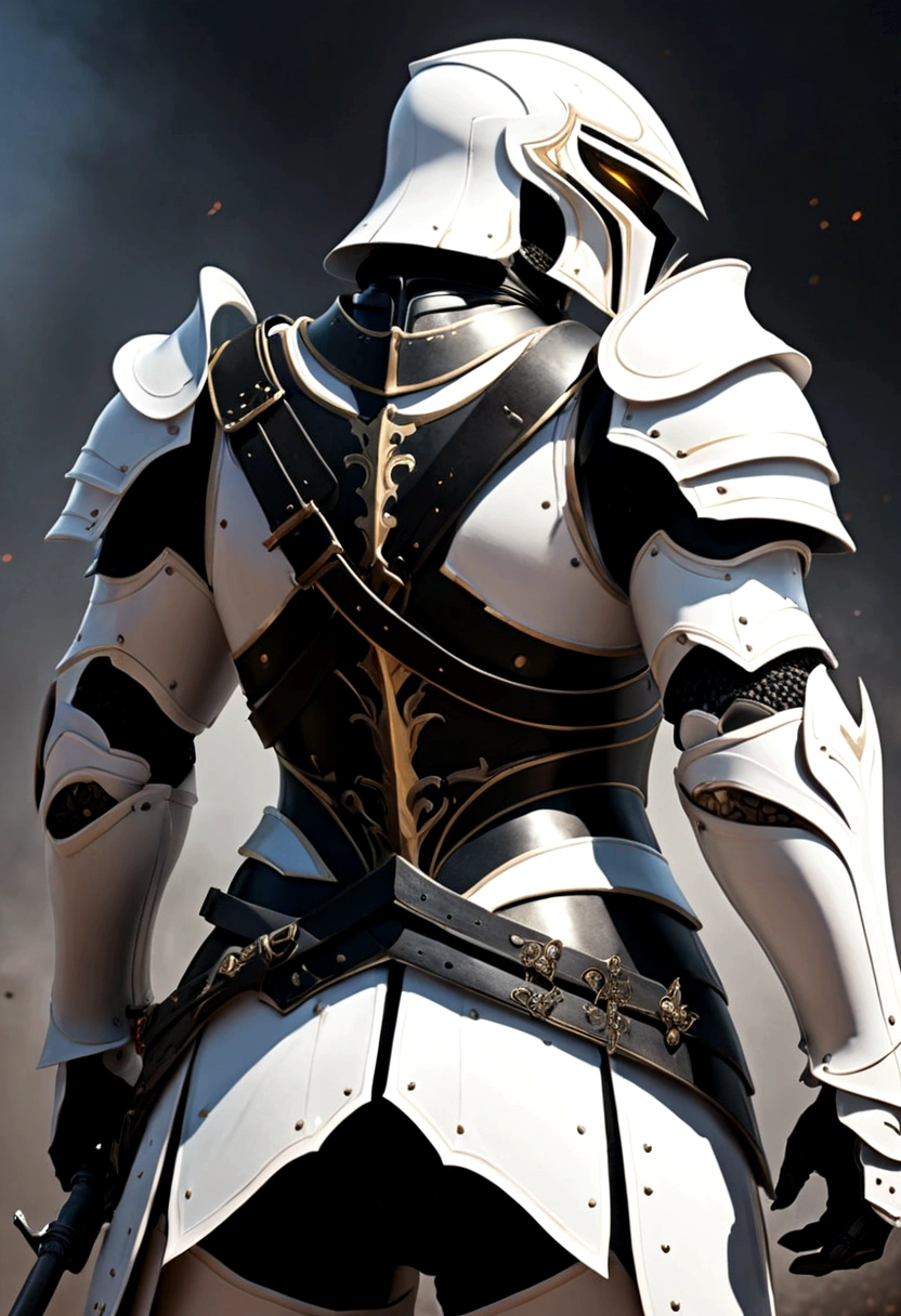 Highest quality、Battle Scenean in Armor、back、profile、White Armor、Black Armor、gun、vertical、fight