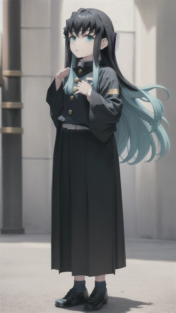 masterpiece, best quality, 1boy, muichiro,long hair, black hair, aqua hair, bangs, multicolored hair, sidelocks, long sleeves, aqua eyes, demon slayer uniform, pants, standing, looking at viewer, ((hands up, arms at shoulder level)), full body