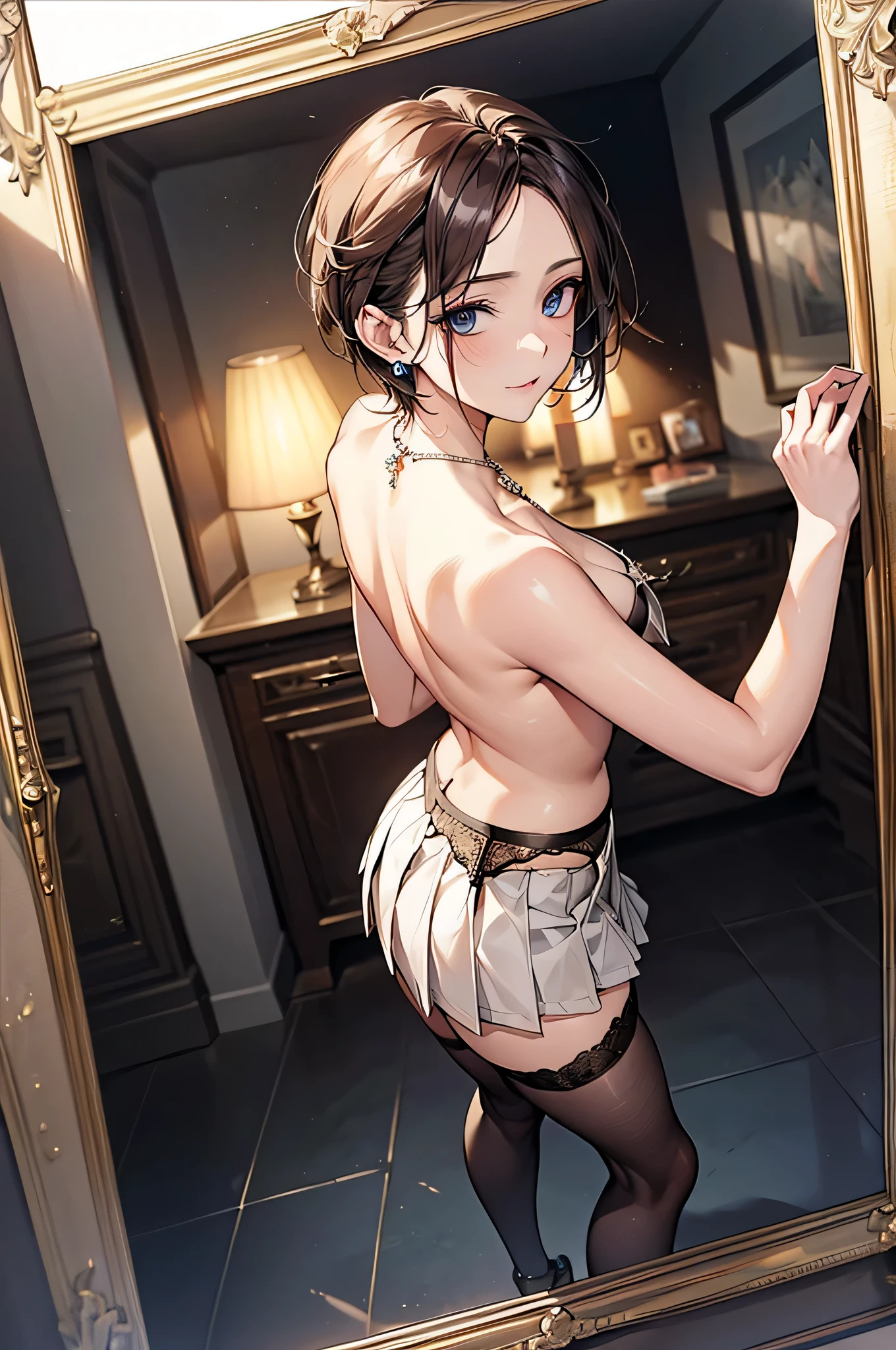 ((Biologically correct limb count))、(( Full-body photo including face))、4K、((Standing position))、masterpiece、((Focus on the face))、((Symmetrical facial features))、Eye for detailed depiction、Beautiful blue-haired woman、Excellent style、Beautiful clavicle、Beautiful feet、Beautiful Hands、Glamorous body、(stockings、garter belt、High heels)、Facial detailing、Small earrings、necklace、(No sleeve、Pleated skirt、Completely naked)、Lighting High Heels、tie、sunny、(((Photo frame with white border)))、Seductive posture、((Looking up))、(Low - Angle、A camera angle that captures the inside of a skirt from below)、Silk gloves、(((Short Hair)))、(((Moments of ecstasy)))、((Looking back))