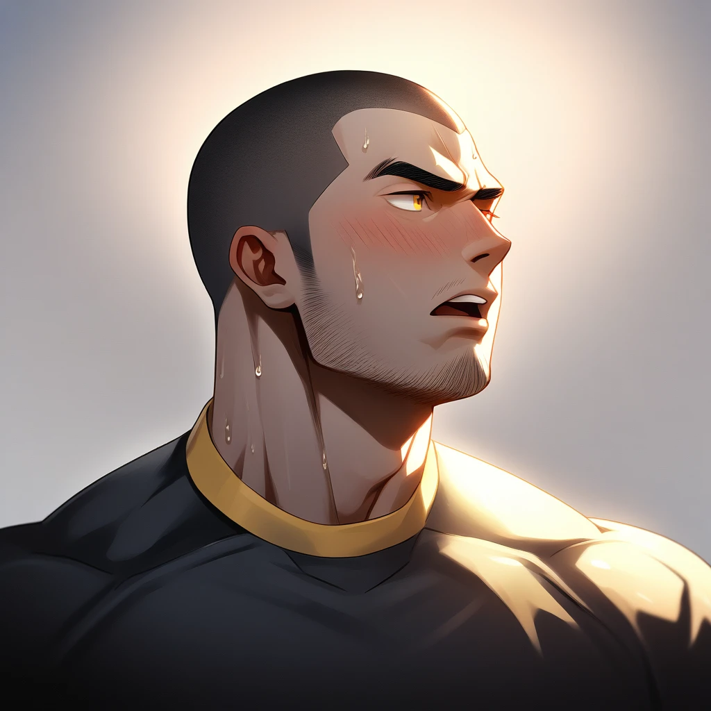 1muscular sportsman, Athlete，male focus, Buzz Cut, Yellow and black tight T-shirt, Very tight, muscular male, muscular, only, Upper body, alone, look to the side, short hair, stubble, sweat, black hair, Yellow eyes, open lips, White background, simple background, amazing quality, best aesthetics, Ridiculous, crew cut, moaning, blush, clair obscur, cinematic lighting, best quality, textured skin
