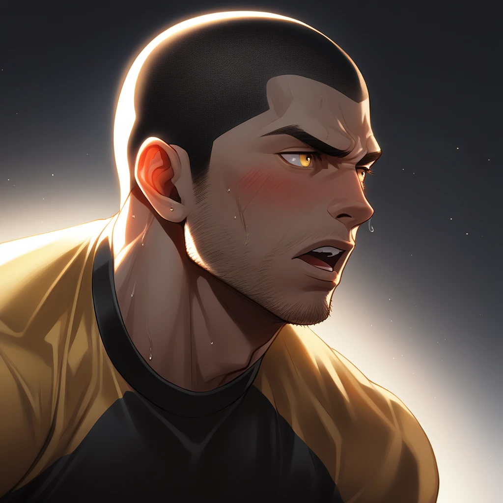 1muscular sportsman, Athlete,male focus, Buzz Cut, Yellow and black tight T-shirt, Very tight, muscular male, muscular, only, Upper body, alone, look to the side, short hair, stubble, sweat, black hair, Yellow eyes, open lips, White background, simple background, amazing quality, best aesthetics, Ridiculous, crew cut, moaning, blush, clair obscur, cinematic lighting, best quality, textured skin