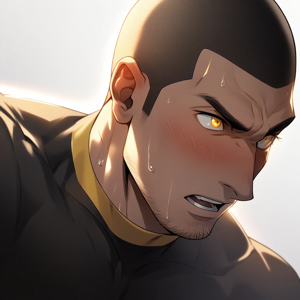 1muscular sportsman, Athlete，male focus, Buzz Cut, Yellow and black tight T-shirt, Very tight, muscular male, muscular, only, Upper body, alone, look to the side, short hair, stubble, sweat, black hair, Yellow eyes, open lips, White background, simple background, amazing quality, best aesthetics, Ridiculous, crew cut, moaning, blush, clair obscur, cinematic lighting, best quality, textured skin