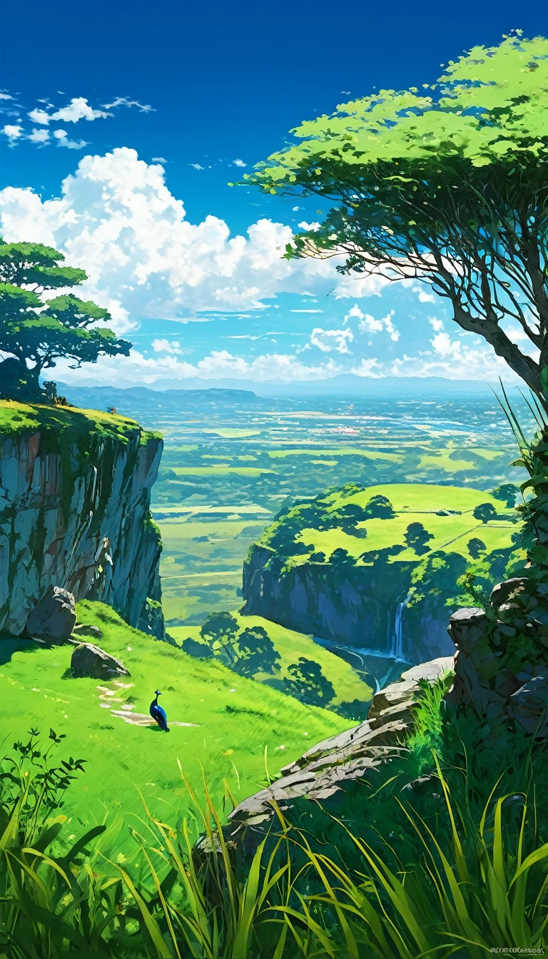 a peacock sitting under a tree near a cliff in a meadow , seeing a vast blue sky with fluffy clouds and brush strokes , tall grasses stones, , makoto shinkai cyril rolando, anime art wallpaper 4k, anime art wallpaper 4k, animated background, anime art wallpaper 8K, animated background art, Anime Landscape Wallpaper, amazing wallpaper, HD wallpaper, 4k anime wallpaper, 4k anime wallpaper, Aries Moross art,art by Bob Byerley , AshleyWoodArtAI, greg rutkowski(far top angle view)(brokeh effect)