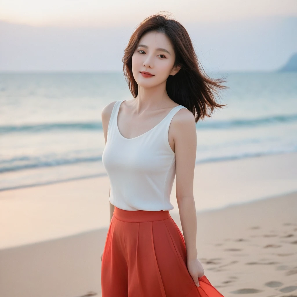 Full body photo of a beautiful 46-year-old Korean woman, Chest size 34 inches, Wear rolled-up sleeveless tops, light sheer skirt, sunset red light on the beach，Afterglow on the sea. Red sun at sunset on the beach.，A strong lingering scent is reflected in the sea., Beautiful 46-year-old short Korean woman, Short medium hair blowing in the wind,Full-body photo taken from afar with a wide-angle lens, The background of the waves is clean and perfect., waves moved by the wind, best high definition