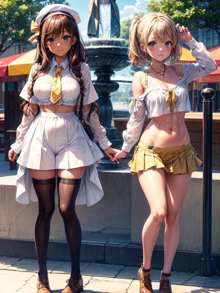 Highest quality,Highest Resolution,(((Frappuccinoーノを手に持った２people)))American school girl,Belly button,Abdominal muscles,Brown skin,Large park,In front of the fountain,Standing posture,mini skirt,Knee-high striped stockings,sunny,sweat profusely,smile,Very beautiful eyes,Frappuccino,Tie the length of your clothes,front,whole body,